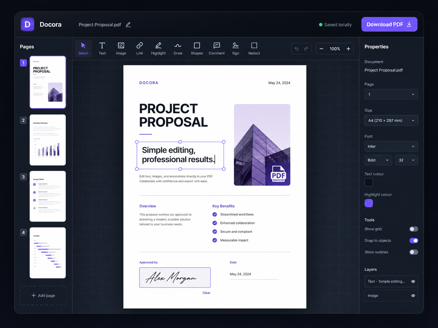 Docora PDF editor showing page thumbnails, editing tools, an editable text box, signature and document properties